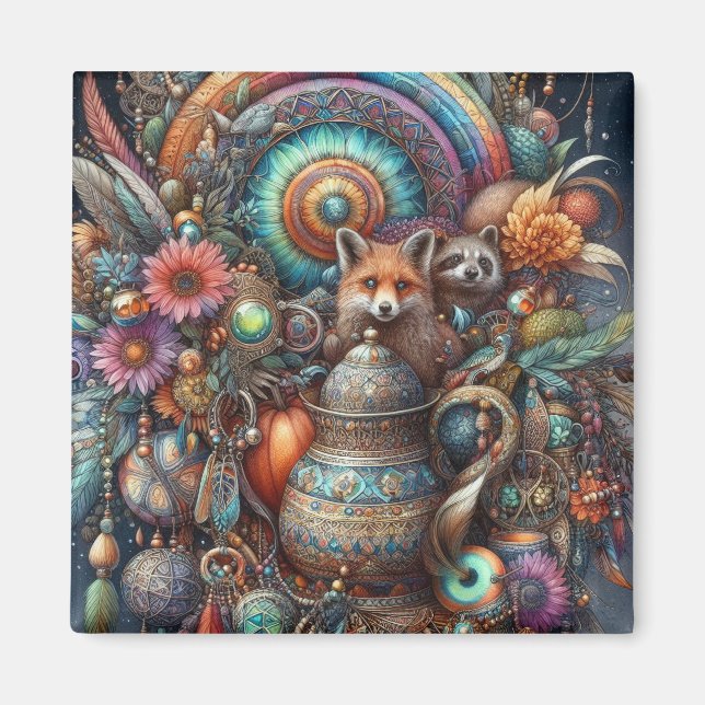Boho Fox Raccoon Floral Design Magnet (Vorne)