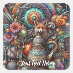 Boho Fox Raccoon Floral Design Quadratischer Aufkleber