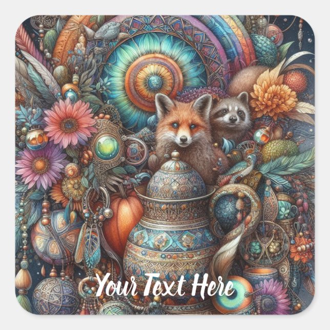 Boho Fox Raccoon Floral Design Quadratischer Aufkleber (Vorderseite)