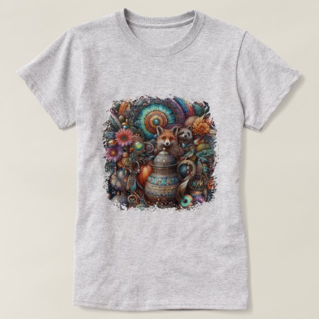 Boho Fox Raccoon Floral Design T-Shirt (Design vorne)