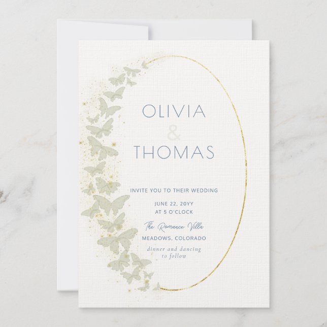 Boho Frame Blue Gold Schmetterlinge Elegante Hochz Einladung (Vorderseite)