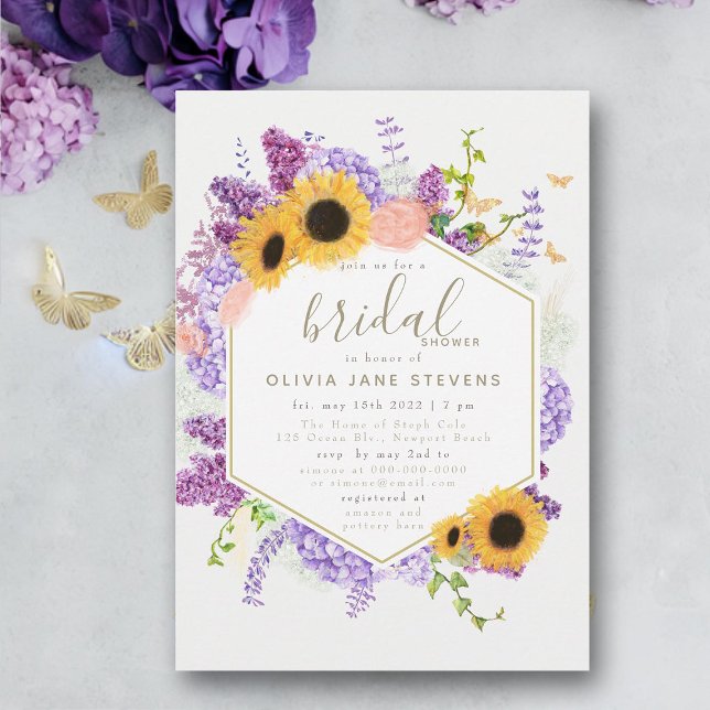 Boho Frame Butterfly Sonnenblume Brautparty Einladung (modern rustic hydrangea sunflower butterfly bridal shower invitation frame elegant bohemian purple)