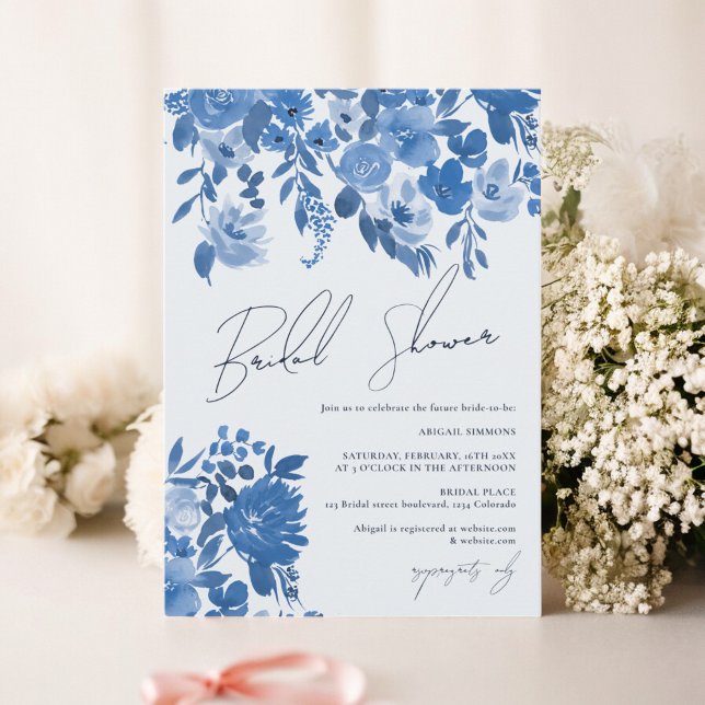 Boho Französisch blauen Handgemälde Brautparty Einladung (Boho french blue hand painted floral bridal shower invitation)