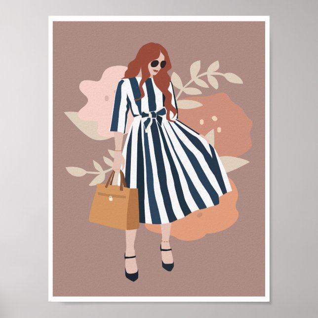 Boho-Frau Blaugestreiftes Kleid Florale Modekunst Poster (Vorne)