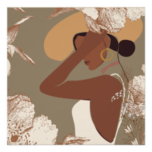Boho-Frau mit neutraler Ästhetik Florale Linienkun Poster