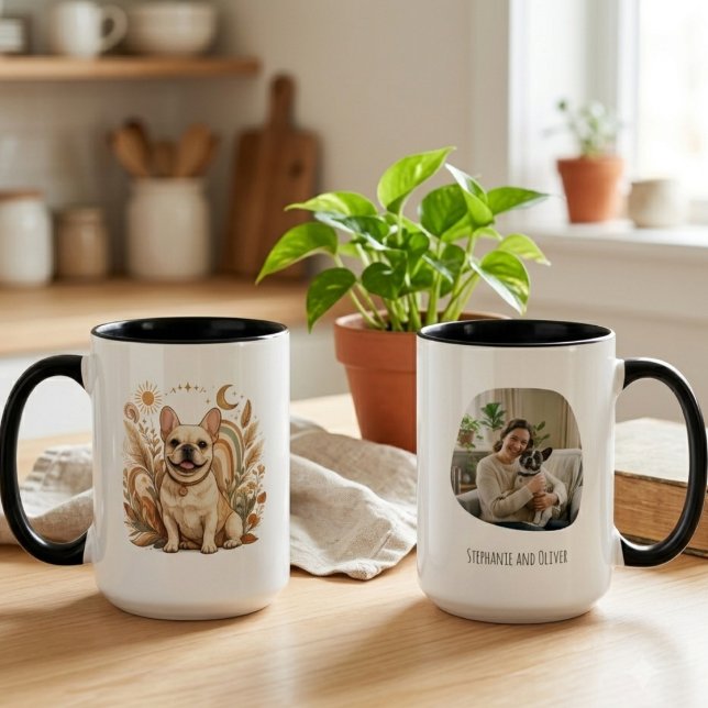 Boho-French-Bulldog-Mama-Kunst Tasse (A whimsical French Bulldog illustration on a mug, a heartfelt gift for a dog mom’s birthday.)
