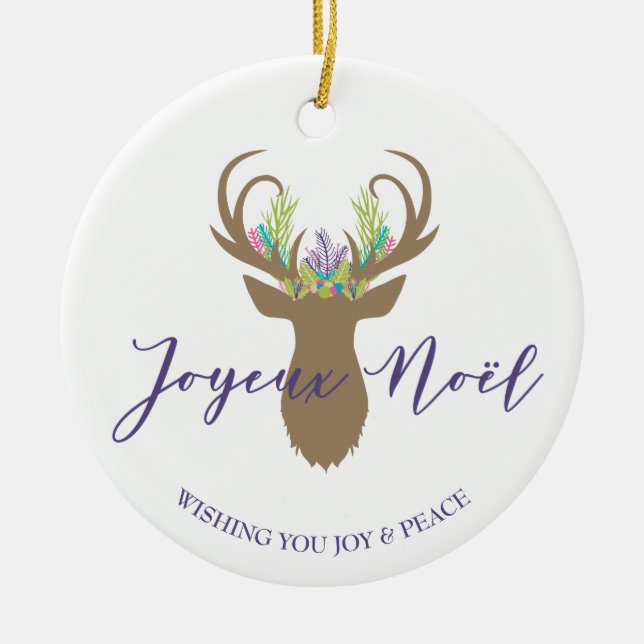 Boho French Christmas Reindeer Joyeaux Weihnachten Keramik Ornament (Vorne)