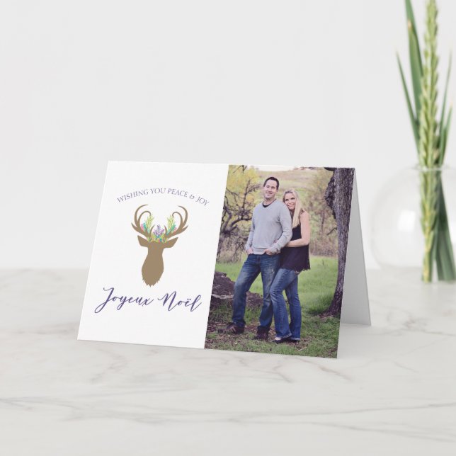 Boho French Christmas Reindeer Typografie Karte (Vorderseite)