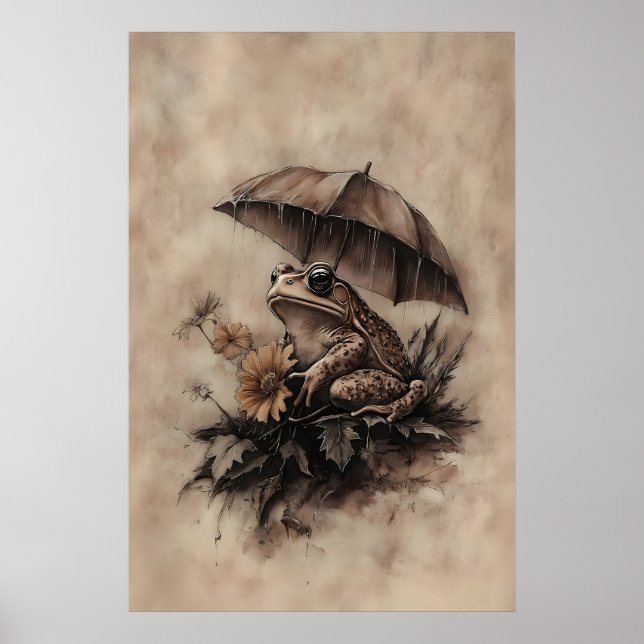 Boho Frog Under Umbrella With Fall Flowers Print Poster (Vorne)