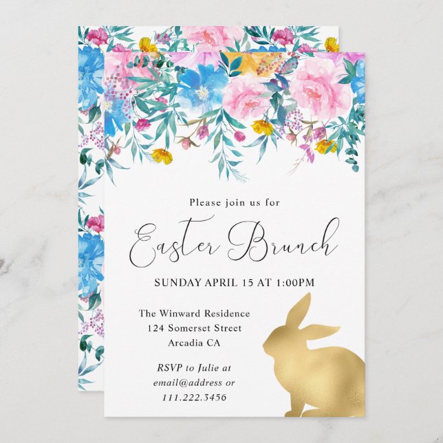 Boho Frühlingsblumen und Gold Bunnies Osterbrunch Einladung (Vorne/Hinten)