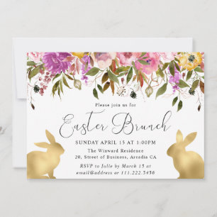 Boho Frühlingsblumen und Gold Bunnies Osterbrunch Einladung