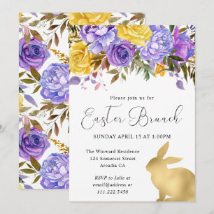 Boho Frühlingsblumen und goldene Osterhasen Osterb Einladung
