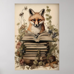 Boho Fuchs Lesen Druck, Vintage Floral Cottagecore Poster