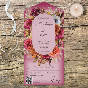 Boho Fuchsia Rosa Moderner Blumenkranz QR Code All In One Einladung