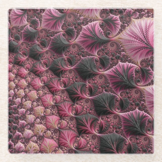 Boho Funky Eclectic Pink Black Abstrakt Fraktal Glasuntersetzer (Vorderseite)