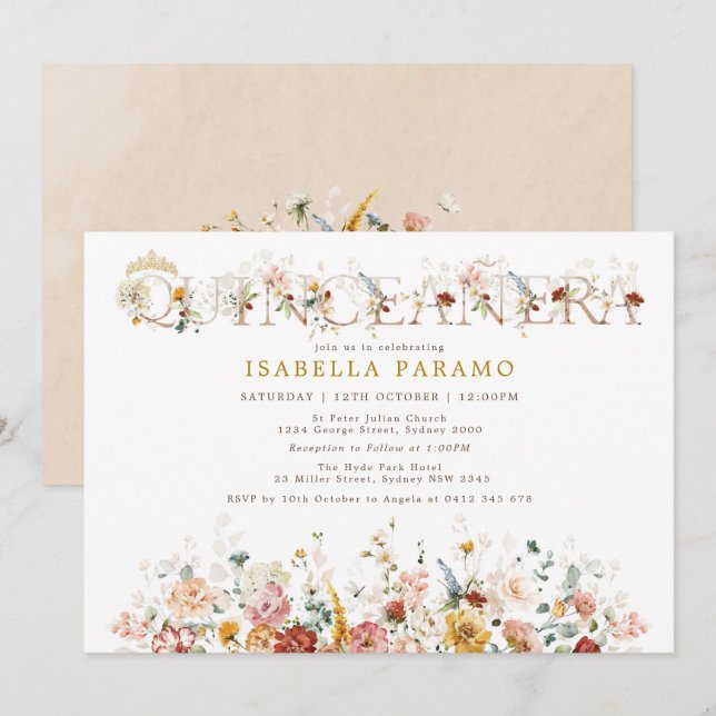 Boho Garden Blume Quinceañera 15. Geburtstag Einladung (Vorne/Hinten)