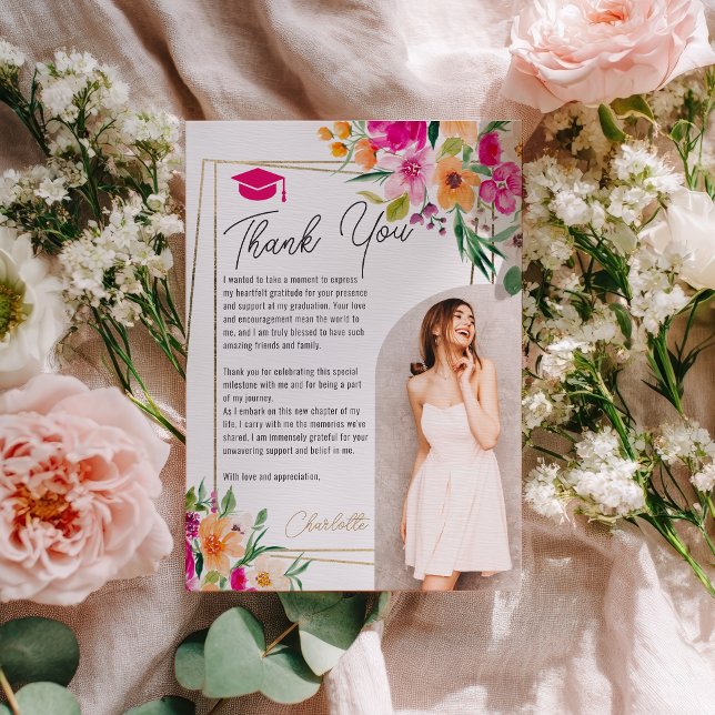 Boho Garden Blumengold Foto Abschluss Einladung (Boho garden floral gold photo graduation invitation)