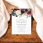 Boho Garden Burgundy Blue Floral Wedding Einladungspostkarte<br><div class="desc">Das Hotel Boho Garden Style Wedding Invitation, ein wahres Inbegriff von Eleganz und Naturcharme, ist ideal für Paare, die sich für ihren besonderen Tag mit böhmischem Flair und klassischem Gartengrau verwöhnen lassen möchten. Die Einladung fängt das Auge mit seinem atemberaubenden Header, einem üppigen Aquarellsystem aus Blume in kräftigen Bordeaux, tiefmarineblau...</div>