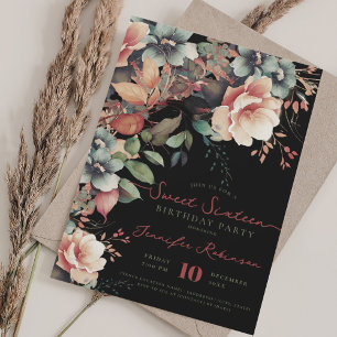 Boho Garden Floral Sweet 16 Geburtstag Schwarz Einladung
