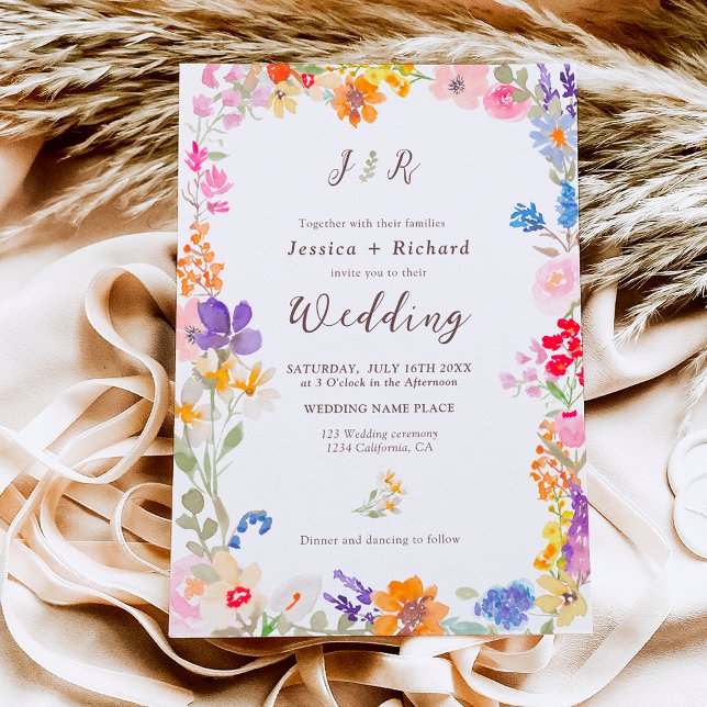 Boho garden Sommerblumenparadies Foto Hochzeit Einladung (Boho garden summer floral photo initials wedding invitation)