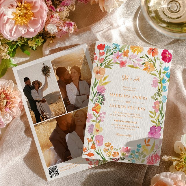 Boho Garden Summer Floral Photo QR Wedding Einladung (Boho Garden Summer Floral Photo QR Wedding Invitation)