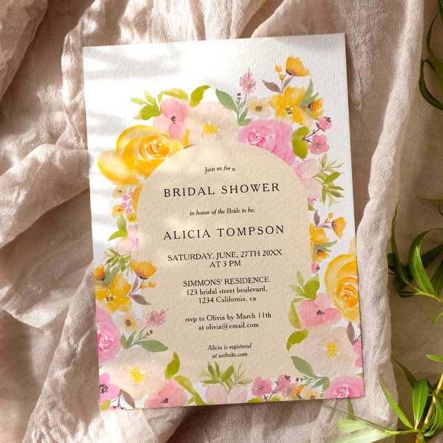 Boho Gelb-Rosa-Brautparty Einladung (Boho Yellow pink floral arch chic bridal shower Invitation)