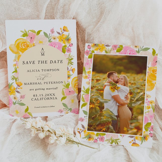 Boho Gelbe Rosa Blumenzarge Hochzeit Save The Date (Boho Yellow pink floral arch chic wedding Save The Date)