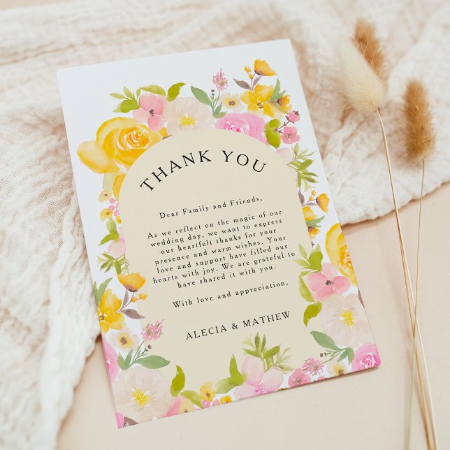 Boho gelbe Rosa Blütenhochzeit Dankeskarte (Boho yellow pink floral rustic Wedding Thank You Card)