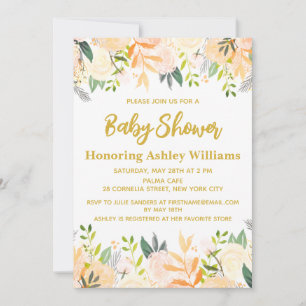 Boho Gender Neutral Baby Shower White Gold Floral Einladung
