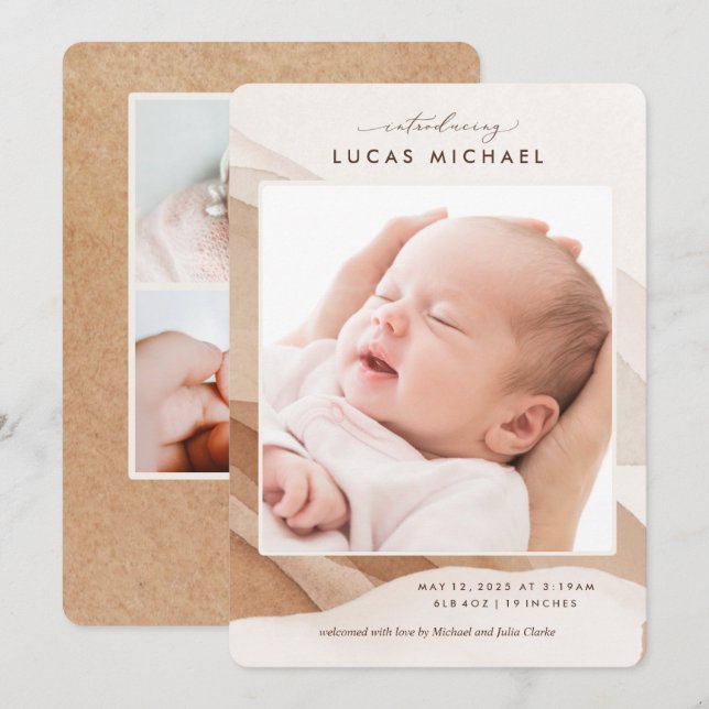 Boho Gender Neutral Beige Watercolor Ankündigung (Vorne/Hinten)