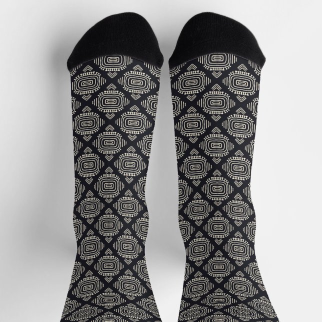 Boho Geometric Abstrakt Line Black and Cream Socken (Oben)