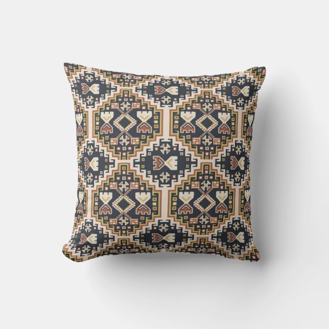 Boho Geometric Black Yellow Tan Pattern Kissen (Vorderseite)