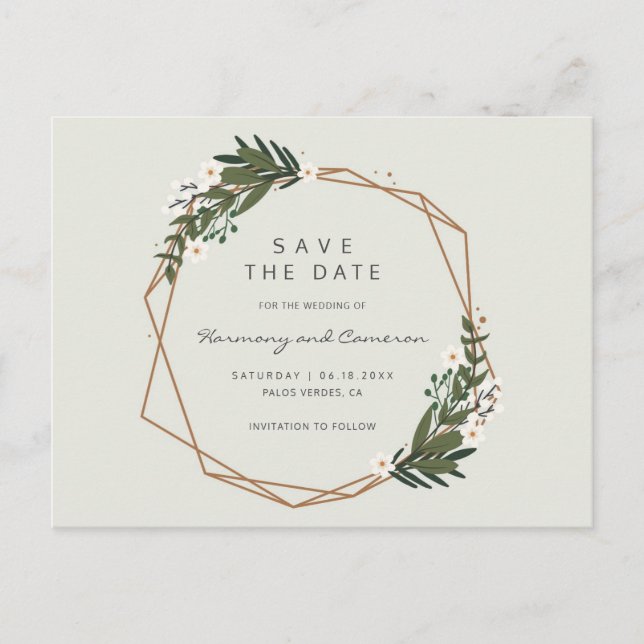 Boho Geometric Gold Frame Greenery Save the Date Ankündigungspostkarte (Vorderseite)