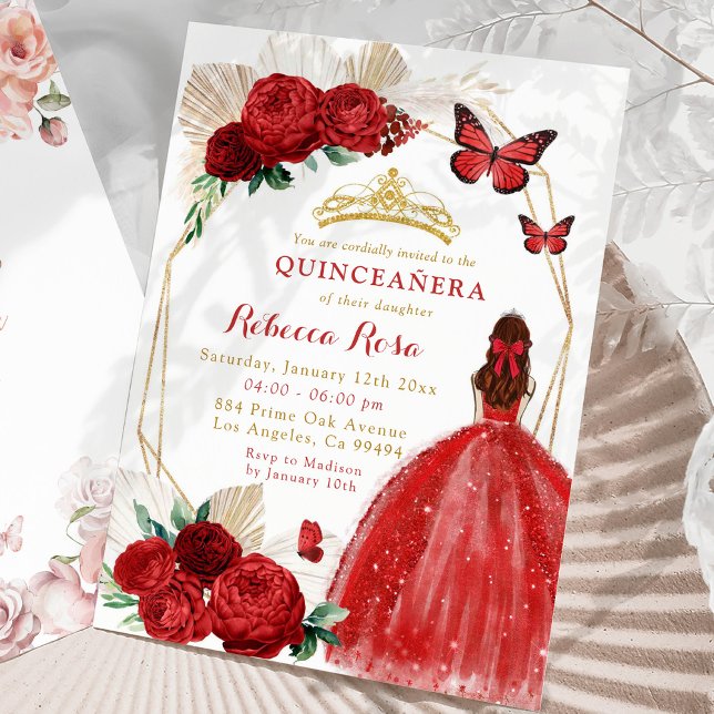 Boho Geometric Gold und Rote Rosen Quinceañera Einladung (Von Creator hochgeladen)