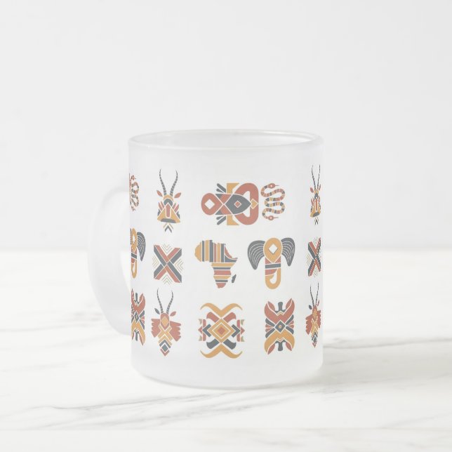 Boho Geometric Pattern Mug, Earthy Tones Cup Mattglastasse (Vorderseite Links)