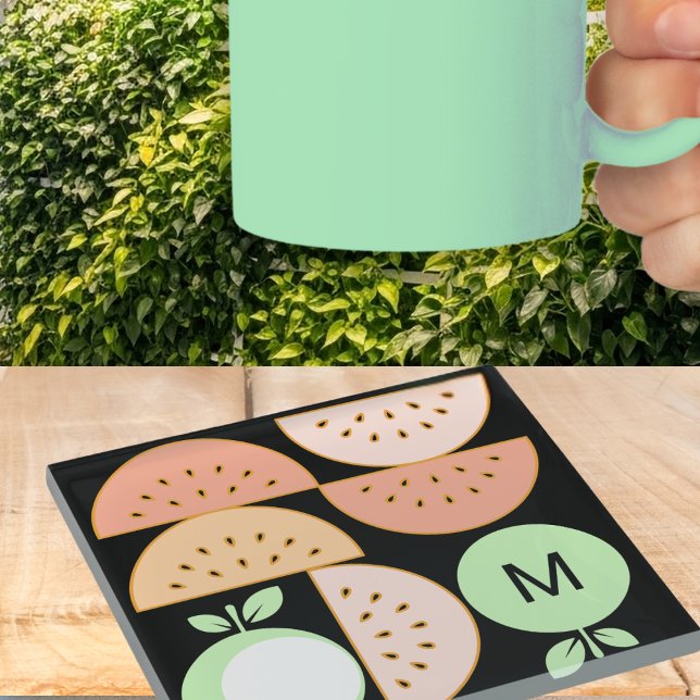 Boho Geometrisch Mittelalterliche Moderne Früchte- Glasuntersetzer (A monogrammed drinks coaster with mid-century modern inspired design of geometric fruit shapes)