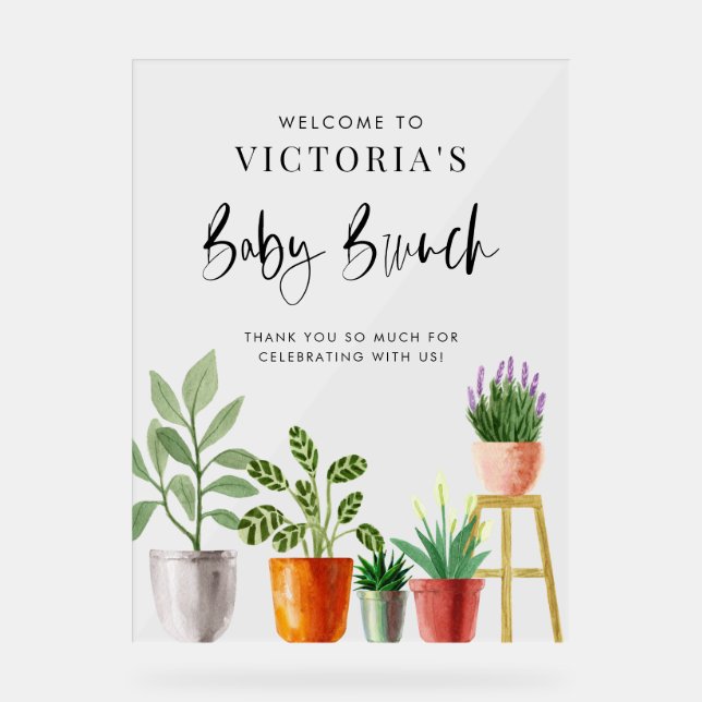 Boho gepotted Houseplant Baby Brunch Willkommen Acrylschild (Vorderseite)