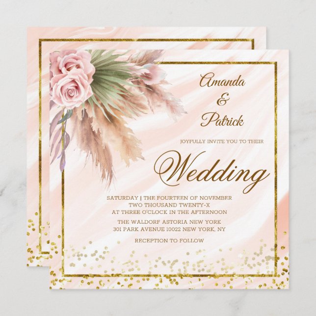 Boho Gerahmt Gold Foil Pampas Grass Wedding Einladung (Vorne/Hinten)
