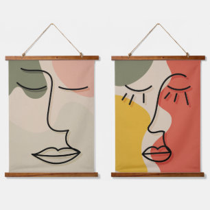 Boho-Gesicht Gesichtsform abstrakt gedämpfte Töne Wandteppich Mit Holzrahmen