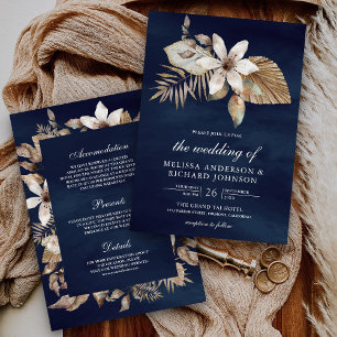 Boho Getrocknete Palmblüten All in One Navy Hochze Einladung