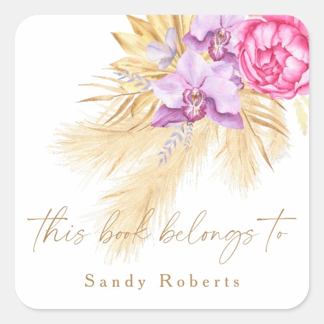 Boho getrocknete Pampasgras - dieses Buch gehört Quadratischer Aufkleber (Vorderseite)