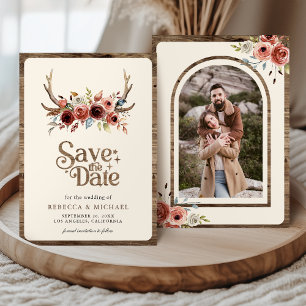 Boho Geweih Terrakotta Blumen Hochzeitsfoto Save The Date