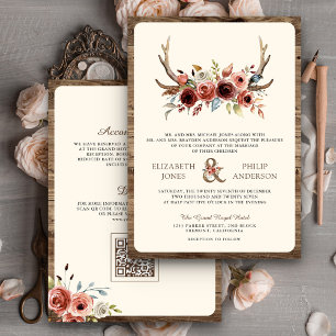 Boho Geweih Terrakotta Blumen QR-Code Hochzeit Einladung