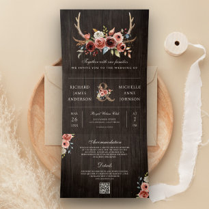 Boho Geweih Terrakotta Blumen QR Code Holz Hochzei Dreifach Gefaltete Einladung