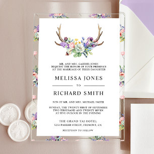 Boho-Geweih-Wildblumen-Hochzeit Acryleinladungen