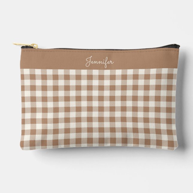 Boho-Gingham-Muster Karo kariert braun Name Zubehörtasche (Vorderseite)