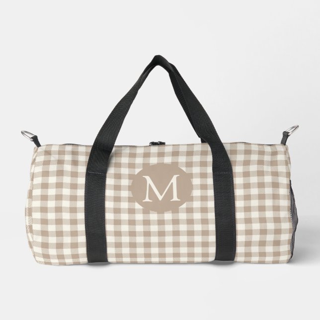 Boho-Gingham-Muster Karo neutrales Monogramm Duffle Bag (Vorderseite)