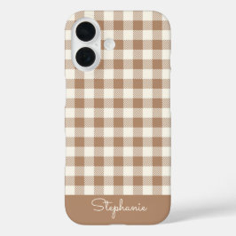 Boho Gingham Pattern Plaid Checkered Brown Name iPhone 16 Hülle