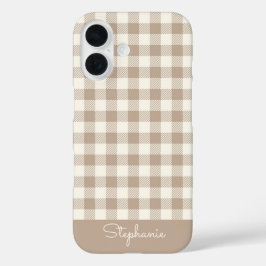 Boho Gingham Pattern Plaid Checkered Neutral Name iPhone 16 Hülle