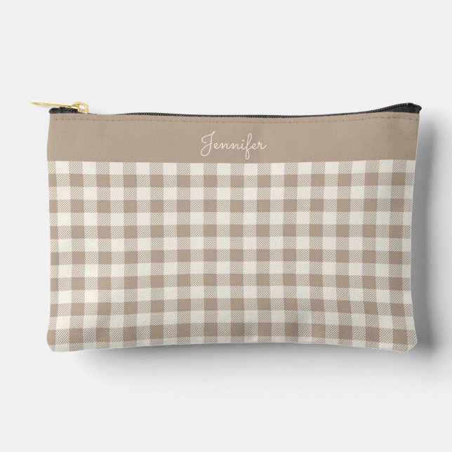 Boho Gingham Pattern Plaid Checkered Neutral Name Zubehörtasche (Vorderseite)
